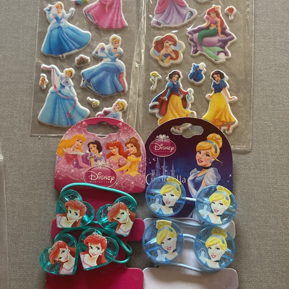👑 Disney princess lot 🎀 hair bows ties + stickers sheets/flakes Cinderella Ariel